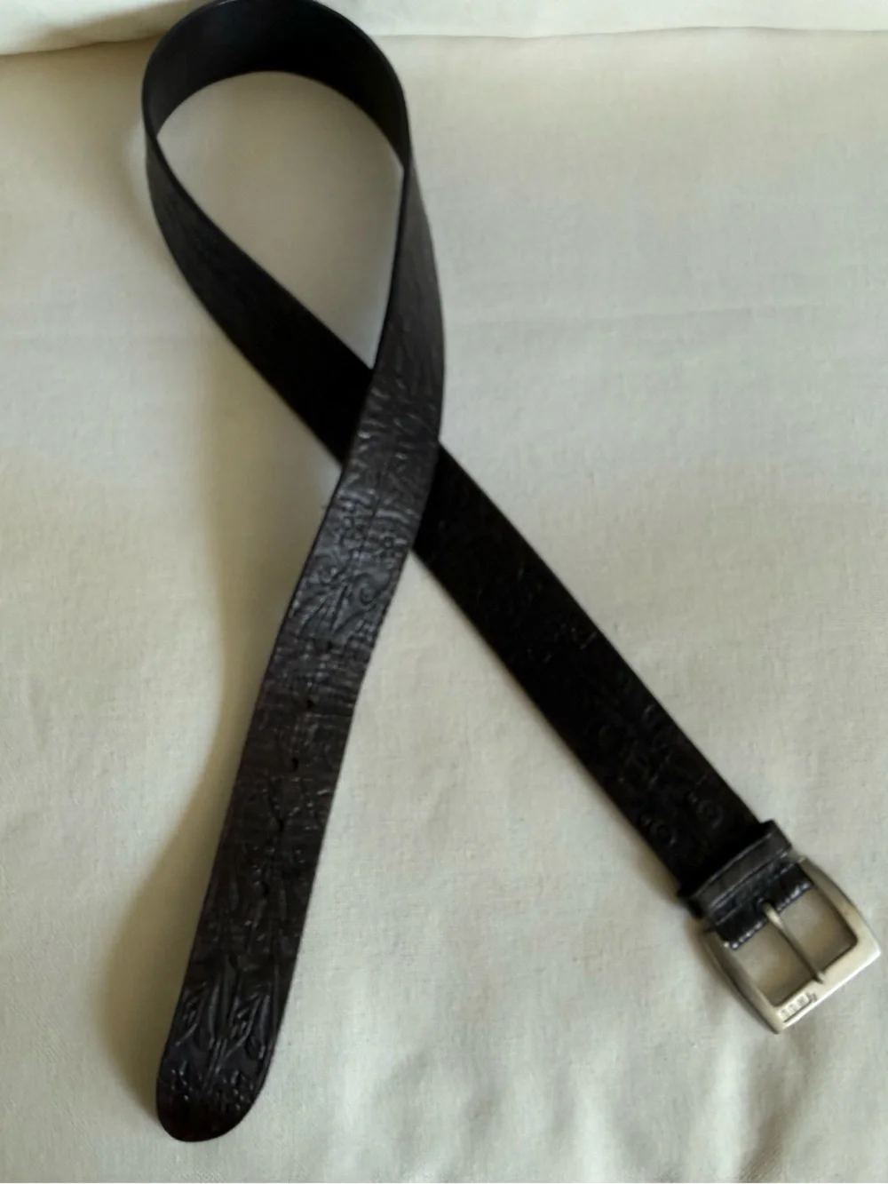 LAUREN RALPH LAUREN Floral Embossed Genuine Leather Black Belt Size XL